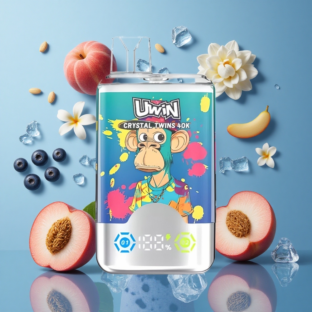 UWIN Crystal Twins 40000 পাফস ব্লুবেরি ওন আইস সামার পিচ আইস (ডুয়েল ফ্লেভার সিস্টেম, ৩২মিলি ই-লিকুইড)